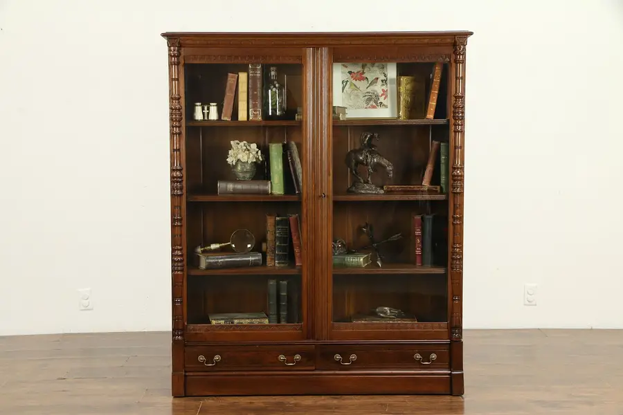 Photo of Victorian Carved Walnut Bookcase, Wavy Glass, Adjustable Shelves