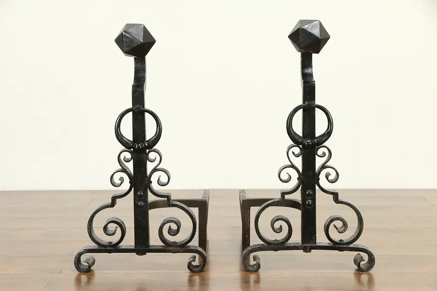 Photo of Pair of Hand Wrought Iron Large Antique Fireplace Andirons