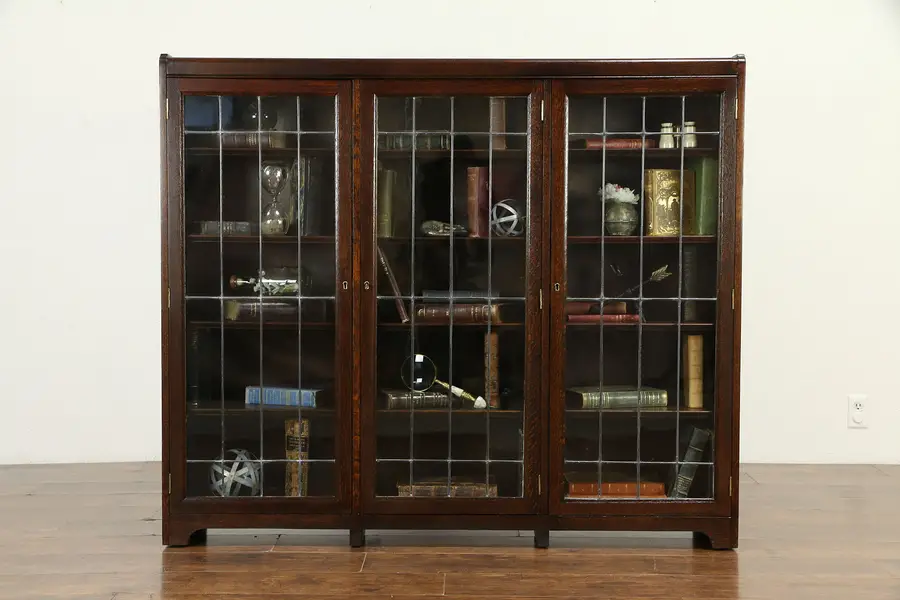 Photo of Oak Antique Triple Library Bookcase, Leaded Wavy Glass Doors