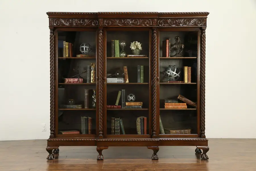 Photo of Oak Antique Triple Bookcase, Lion Heads, Claw Feet, Wavy Glass Doors