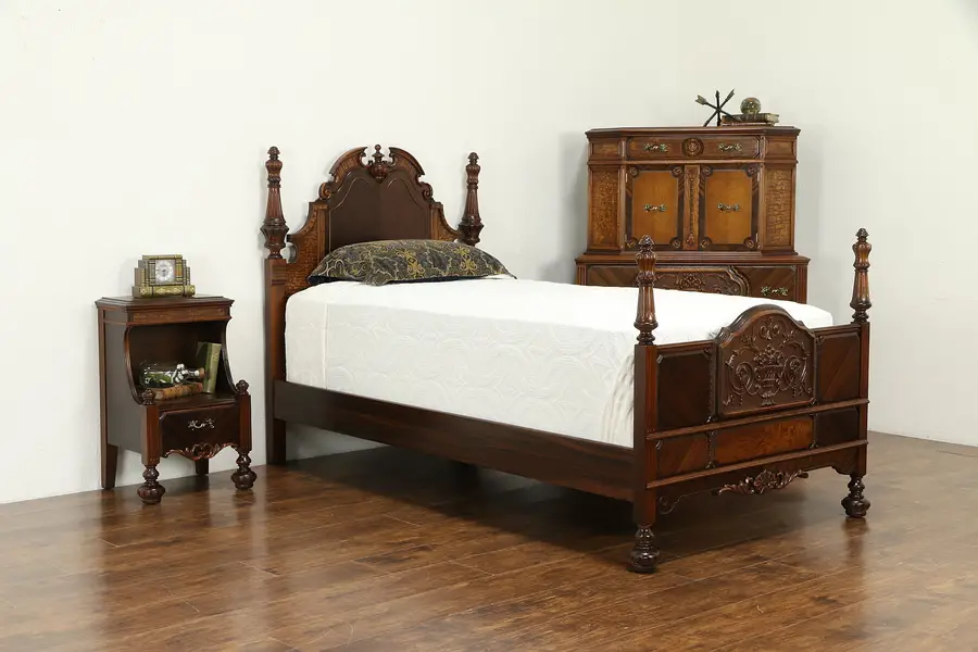 Photo of English Tudor Antique Bedroom Set, Twin Bed, Chest, Nightstand, Nypenn