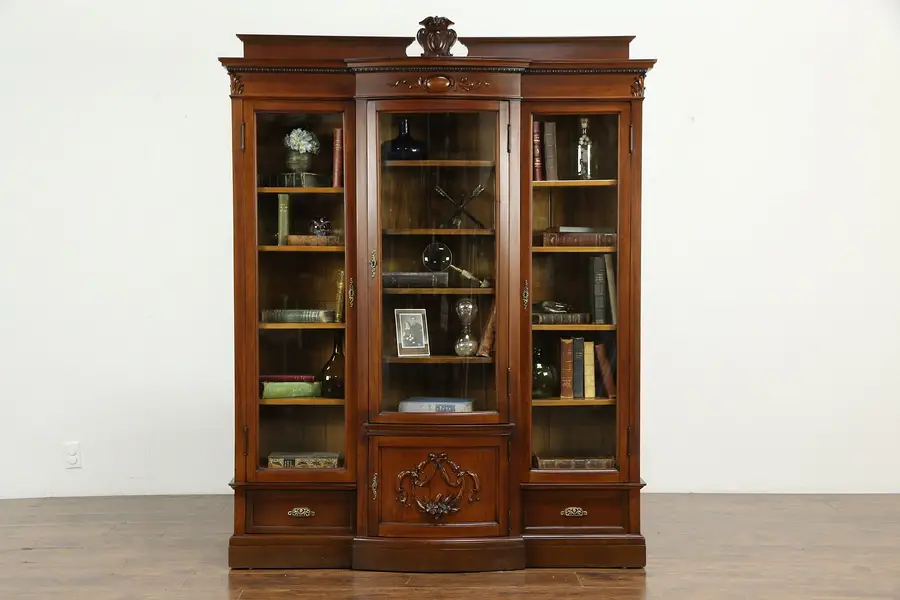 Photo of Victorian Antique Triple Library Bookcase, Curved Glass