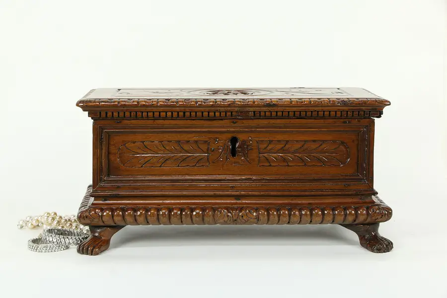 Photo of Italian Antique Hand Carved Walnut Jewelry or Keepsake Box, Lion Head