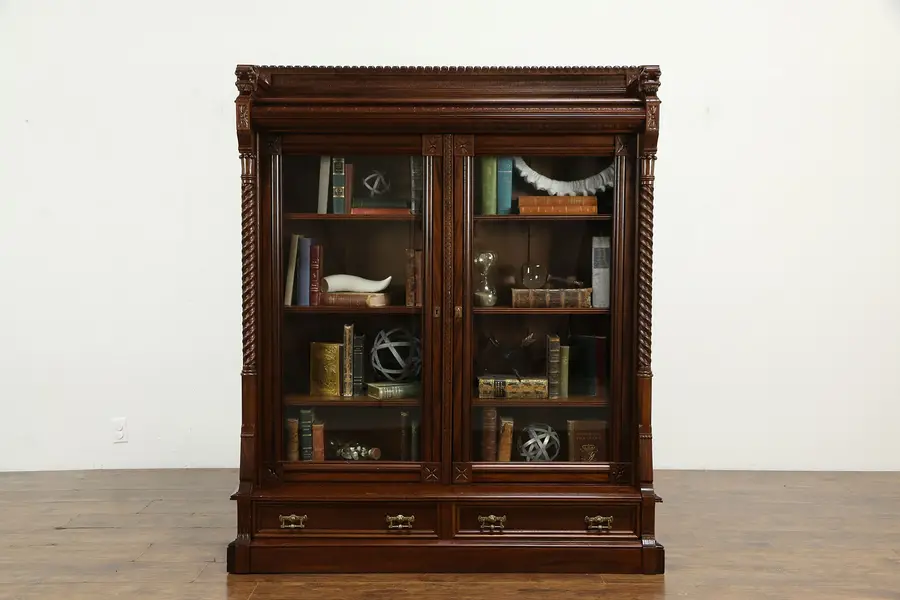 Photo of Victorian Eastlake Antique Carved Walnut & Cherry Library Bookcase
