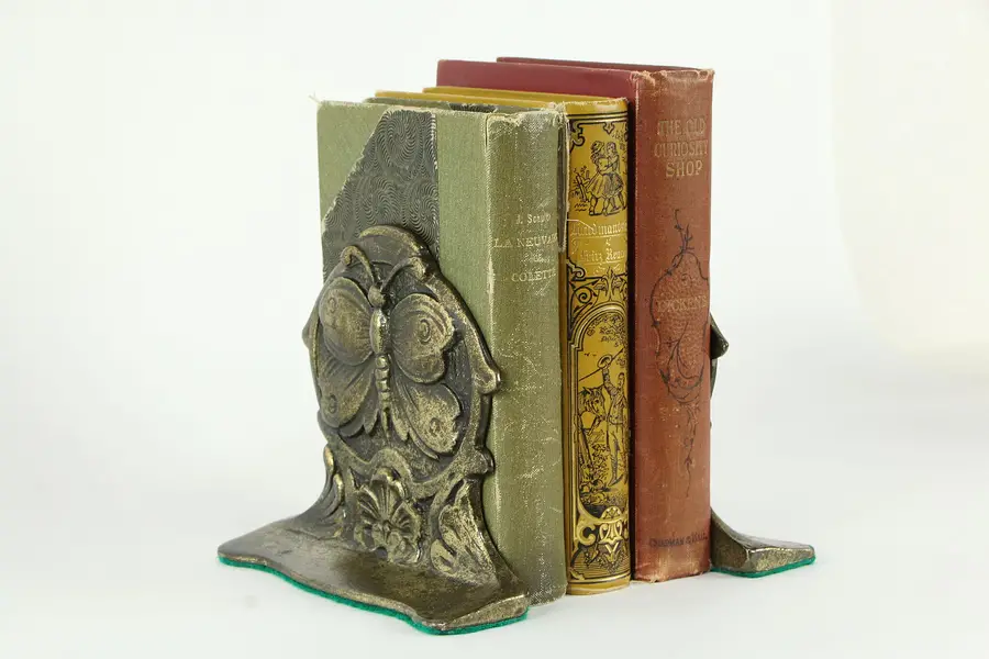 Photo of Pair of Antique Dark Bronze Finish Iron Butterfly Bookends,