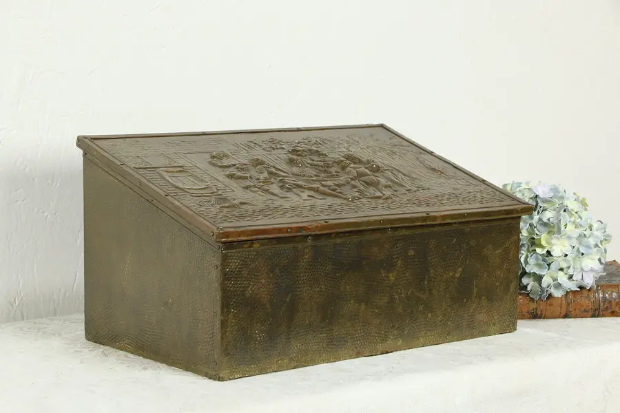 Photo of Brass Antique Letter or Keepsake Box, Embossed Tavern Scene