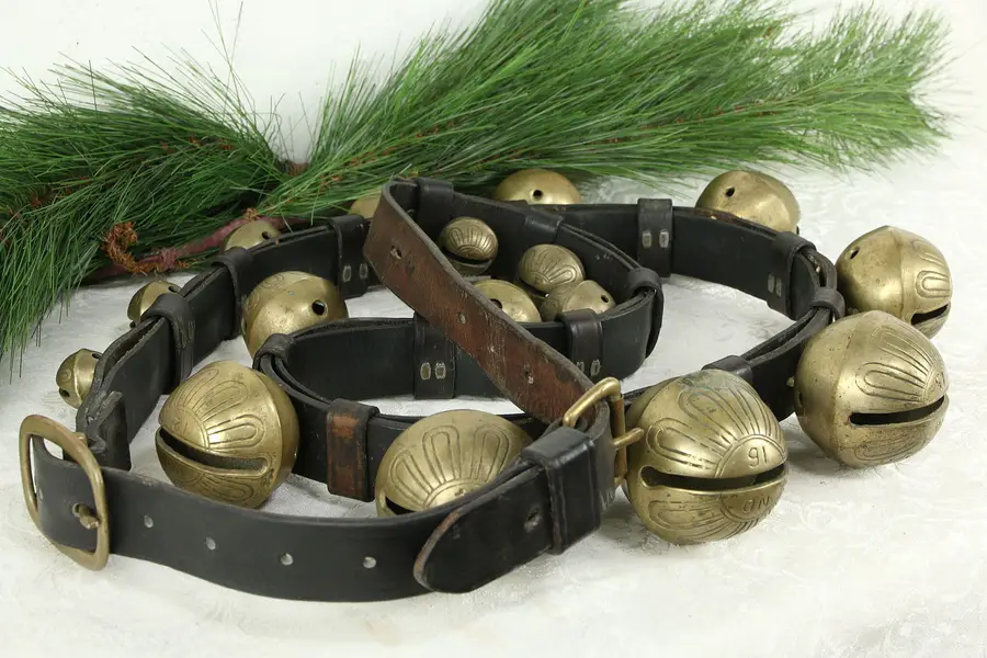 Photo of Victorian Antique Sleigh Bells Set Size 1-15 on 7' Leather Harness