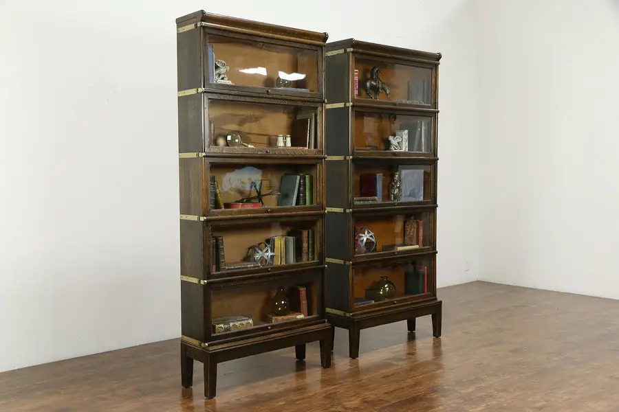 Photo of Pair of Antique Oak 5 Stack Globe Wernicke Lawyer Bookcases, All Original