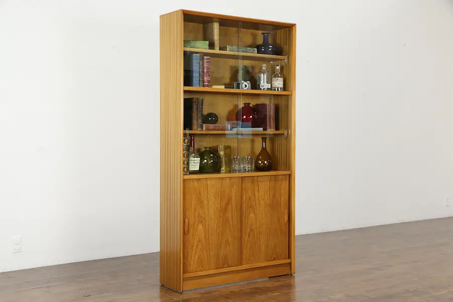 Photo of Midcentury Modern Teak Danish 1960 Vintage Bookcase, Sliding Glass Doors