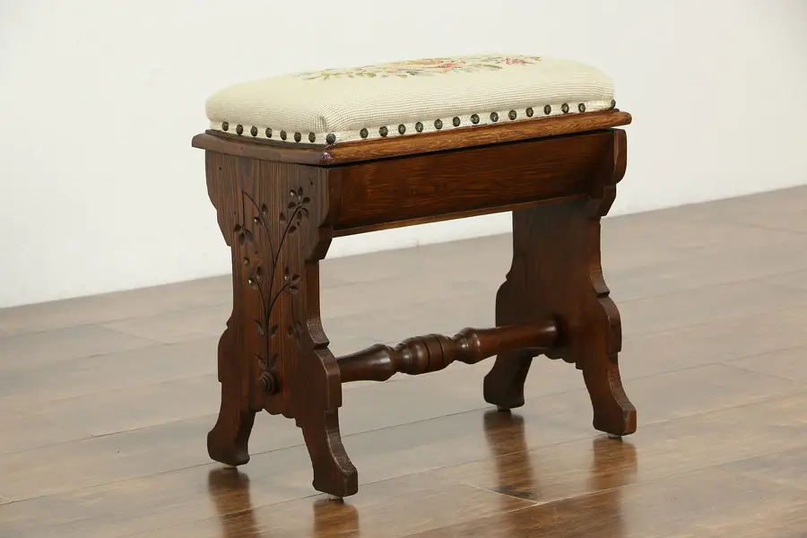 Photo of Victorian Eastlake Antique Slipper Bench or Stool, Needlepoint Upholstery