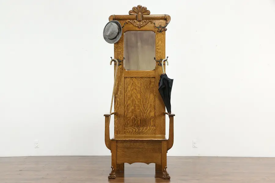 Photo of Victorian Antique Oak Hall Bench & Beveled Mirror, Carved Lion Paws