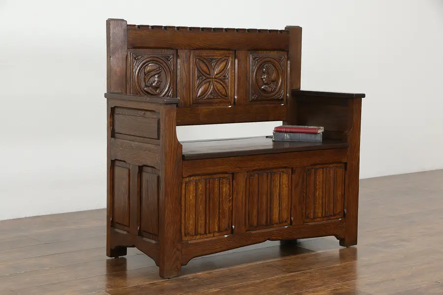 Photo of Oak Antique Dutch Dowry Hall Bench, Storage under Seat, Carved Faces
