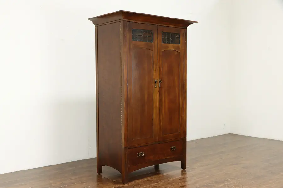 Photo of Cherry Craftsman Vintage Armoire Cabinet, Leaded Glass, Romweber