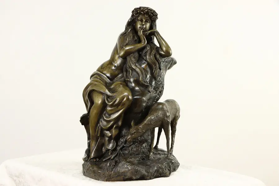 Photo of Bronze Vintage Sculpture of Young Woman with Flowers and Fawn