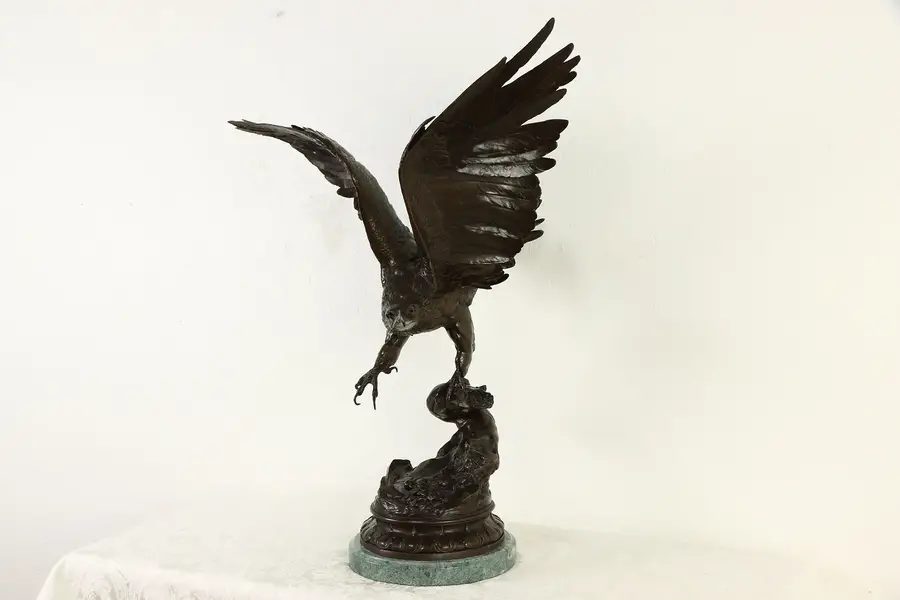 Photo of Eagle Bronze Sculpture after French Sculptor Jules Moigniez, Marble Base