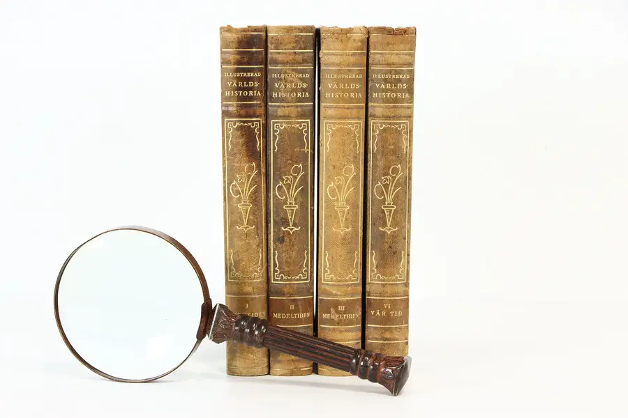 Photo of Set of 4 Volumes Swedish Tooled Leather Antique World History Books