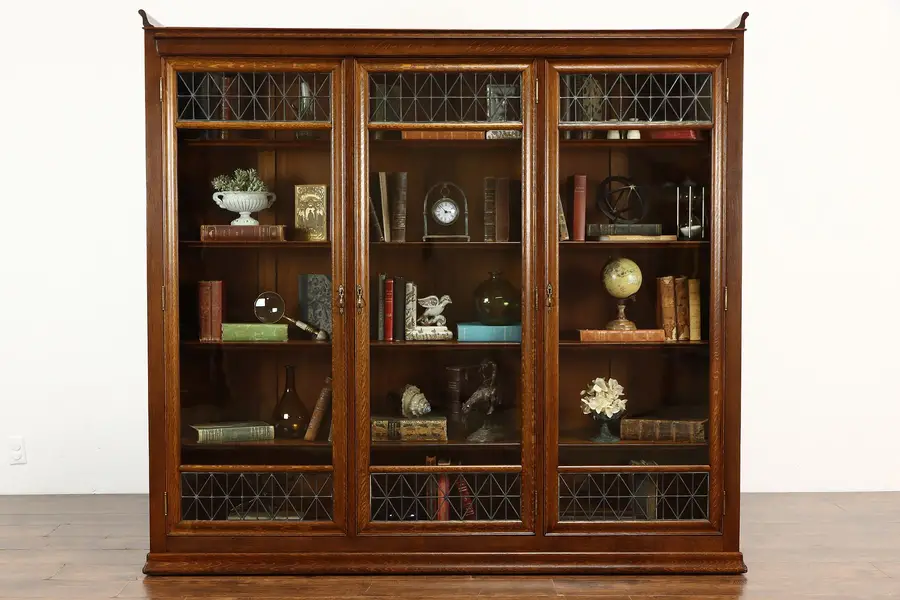 Photo of Arts & Crafts Antique Craftsman Oak Leaded Glass Triple Office Bookcase