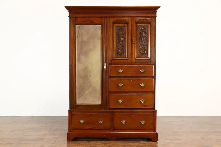 Photo of Victorian Antique English Armoire, Wardrobe or Closet, Beveled Mirror