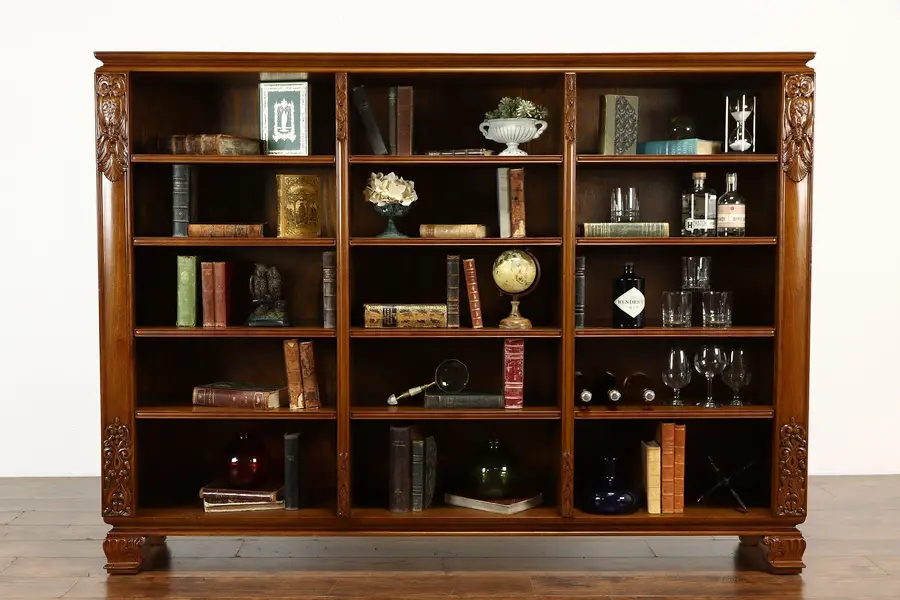 Photo of Triple Antique Scandinavian Office or Library Bookcase, Carved Owls
