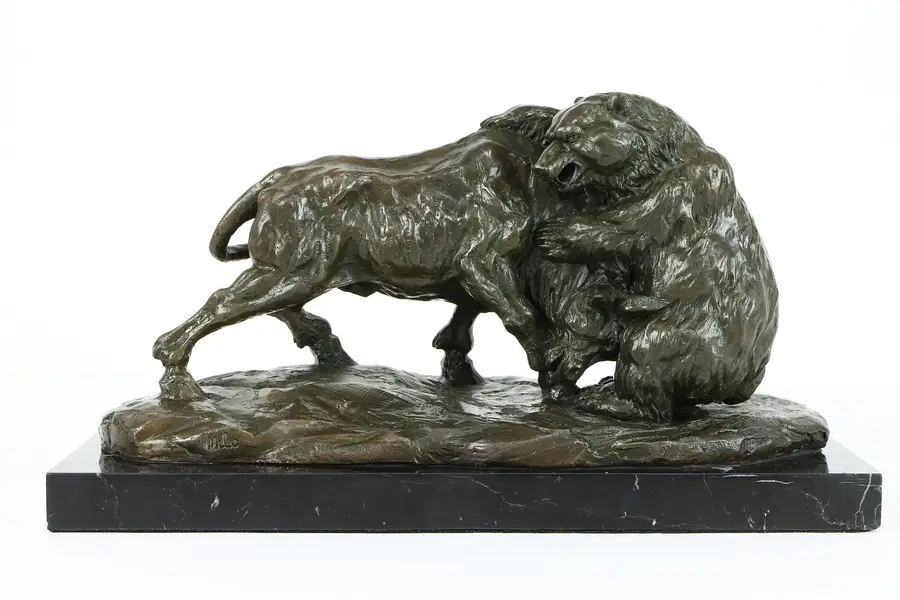 Photo of Wrestling Bear & Bull Vintage Bronze Sculpture, Marble Base, Signed Milo