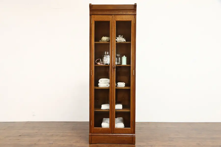 Photo of Victorian Antique 7' Tall Quarter Sawn Oak Bookcase, China Cabinet