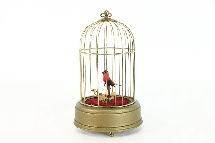 Photo of Singing Bird in Cage Vintage Automaton, West Germany, Red Velvet Base