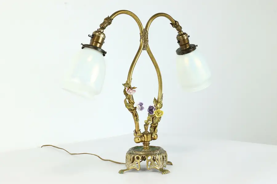 Photo of Art Nouveau Antique Brass Double Lamp, Art Glass Blown Shades
