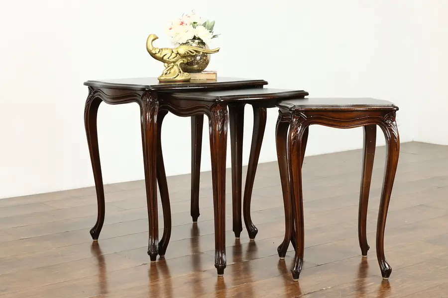 Photo of Set of 3 Vintage Country French Vintage Carved Nesting Snack Tables