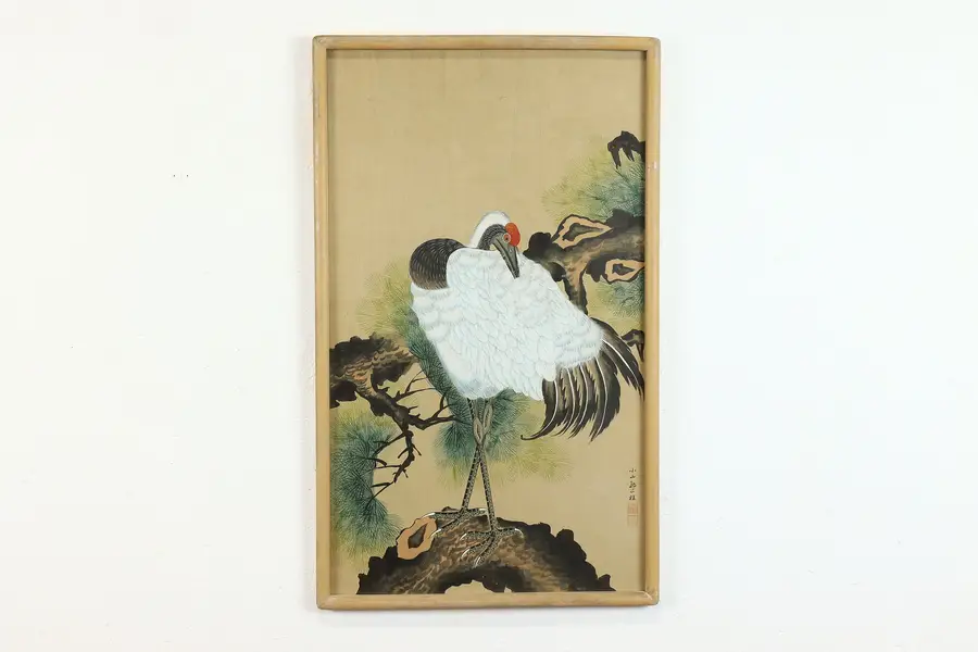 Photo of Red Crown Crane Antique Original Japanese Painting 32"