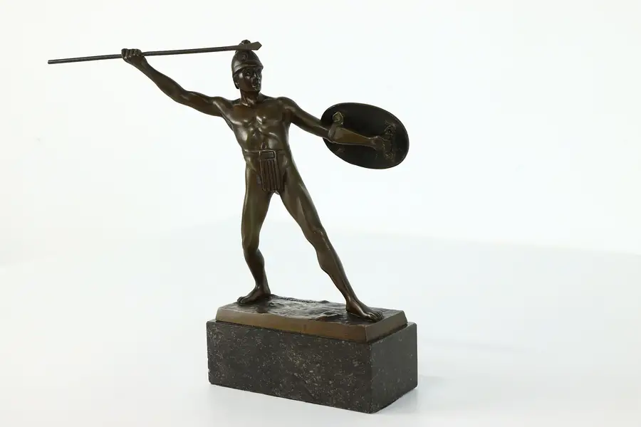 Photo of Bronze Antique Statue of Roman Soldier with Spear, Marble Base, W. Volz