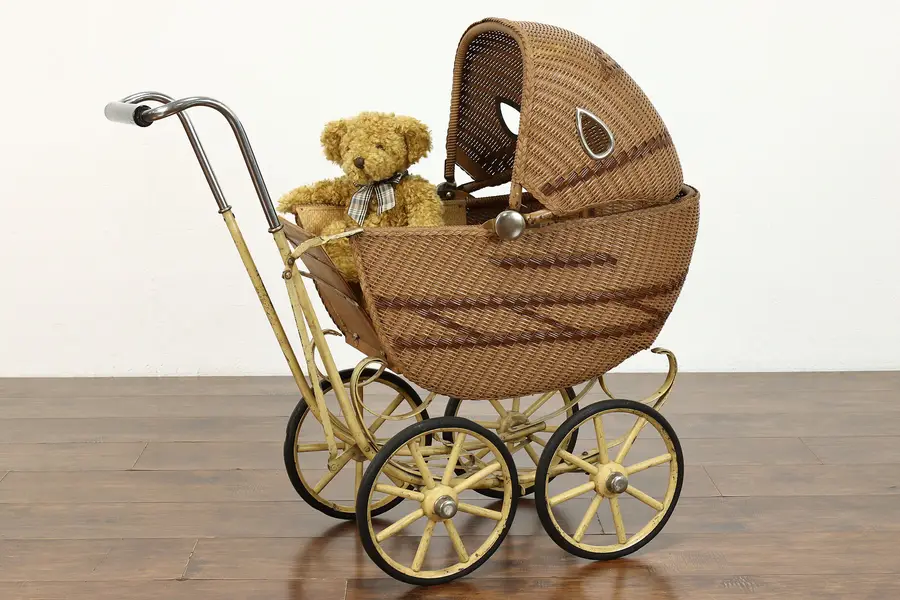 Photo of Art Deco Antique Wicker & Metal Baby Carriage or Stroller