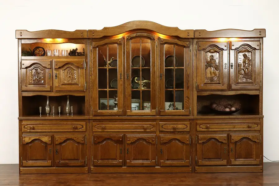 Photo of Oak 11' Vintage German Wall Unit, Cabinet, Bar & Bookcase, Carved Scenes