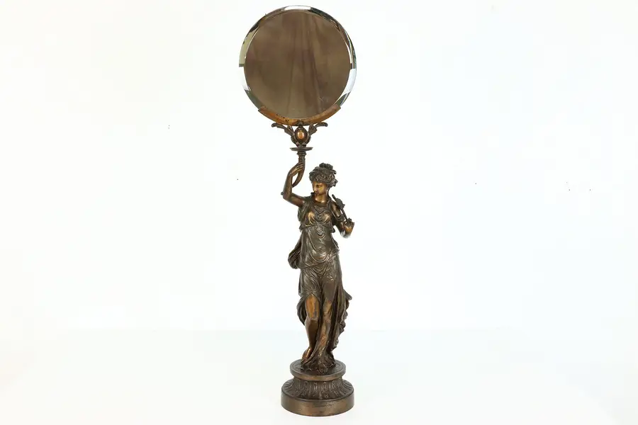 Photo of Art Nouveau Antique Patinated Sculpture of Lady holding Beveled Mirror