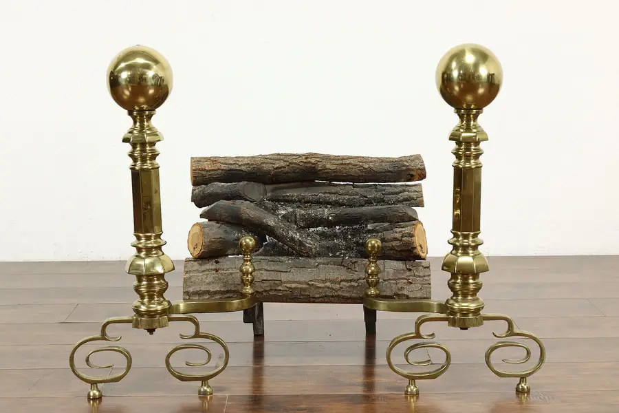 Photo of Pair of Antique Brass Federal Style Large Fireplace Hearth Andirons