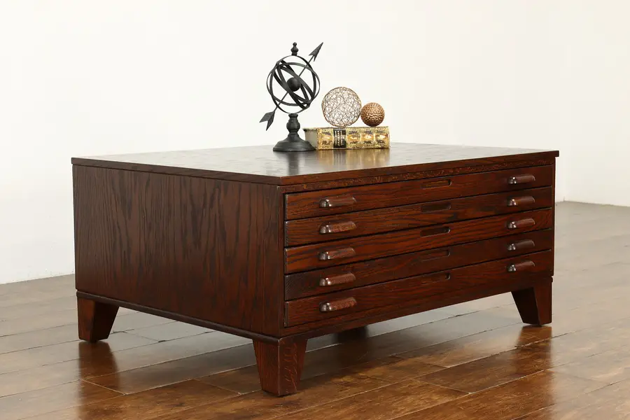 Photo of Oak Vintage 5 Drawer File Industrial Map or Collector Chest Coffee Table