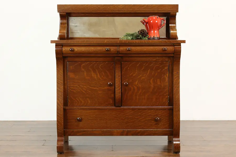 Photo of Empire Style Oak Antique Sideboard, Server, Buffet, Gallery & Mirror