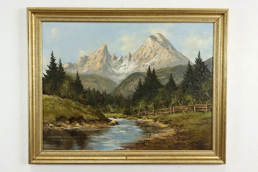Photo of Alpine Mountain Scene Original Vintage Oil Painting, Kurt Moser 36"