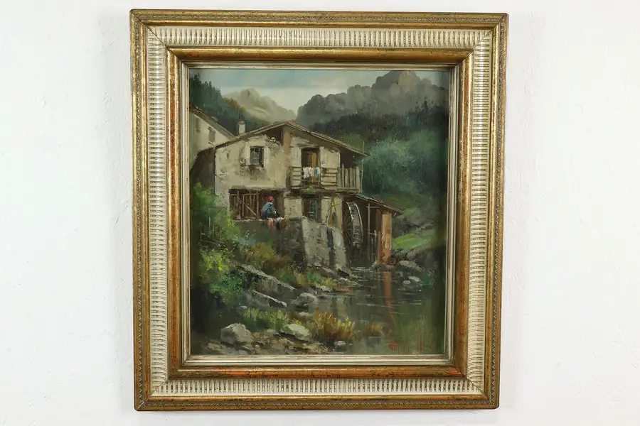 Photo of Millhouse Stream Scene Vintage Italian Original Oil Painting Magrotti 25"