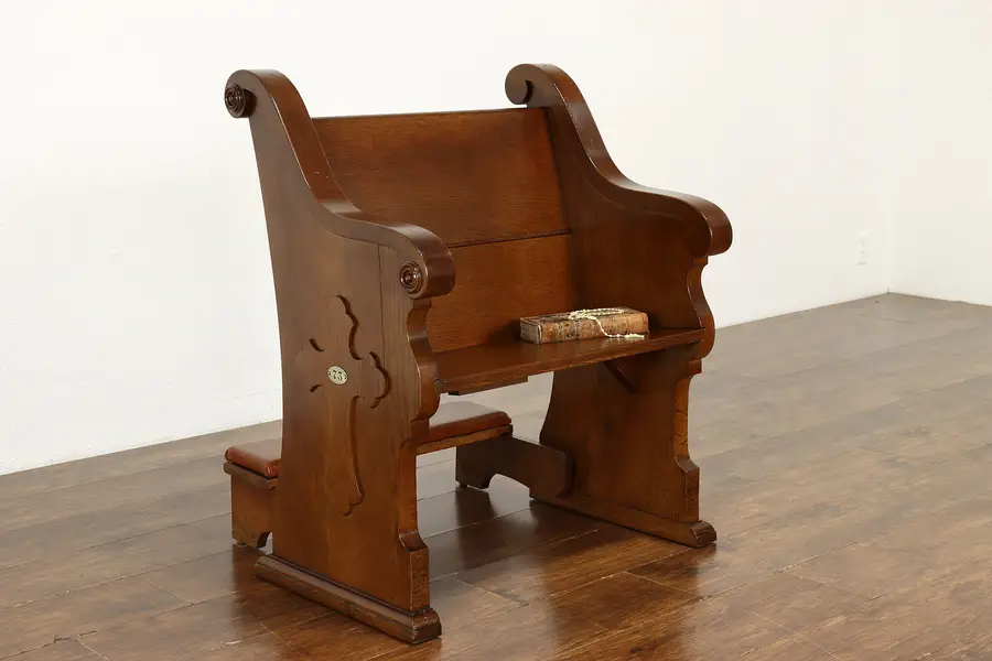 Photo of Victorian Antique Oak Church Pew, Hall Bench, Carved Crosses, Kneeler
