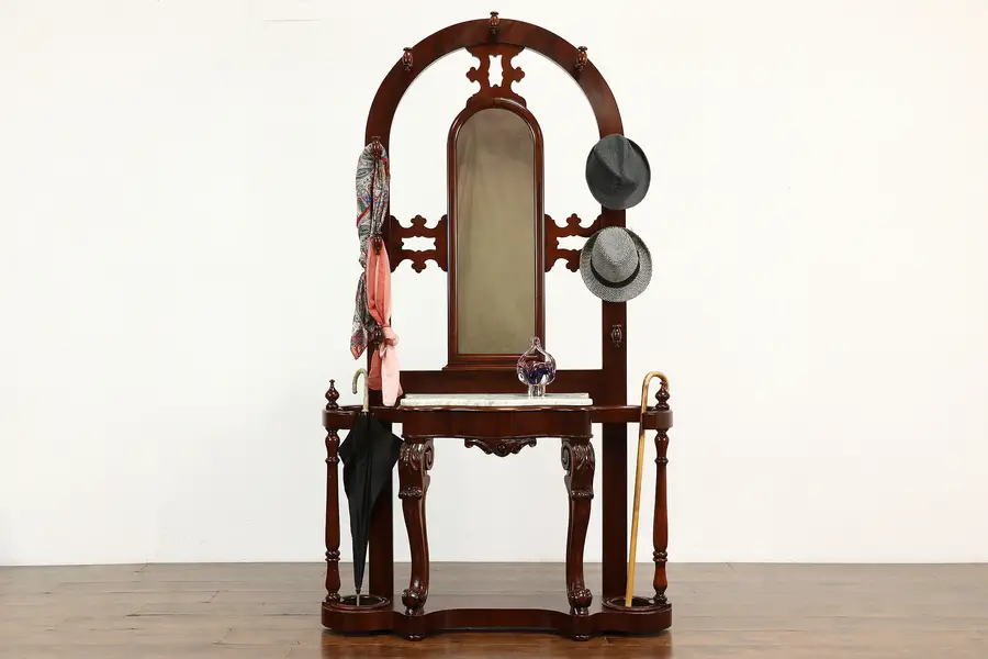 Photo of Victorian Antique Mahogany Hall Stand Umbrella Holder, Marble & Mirror