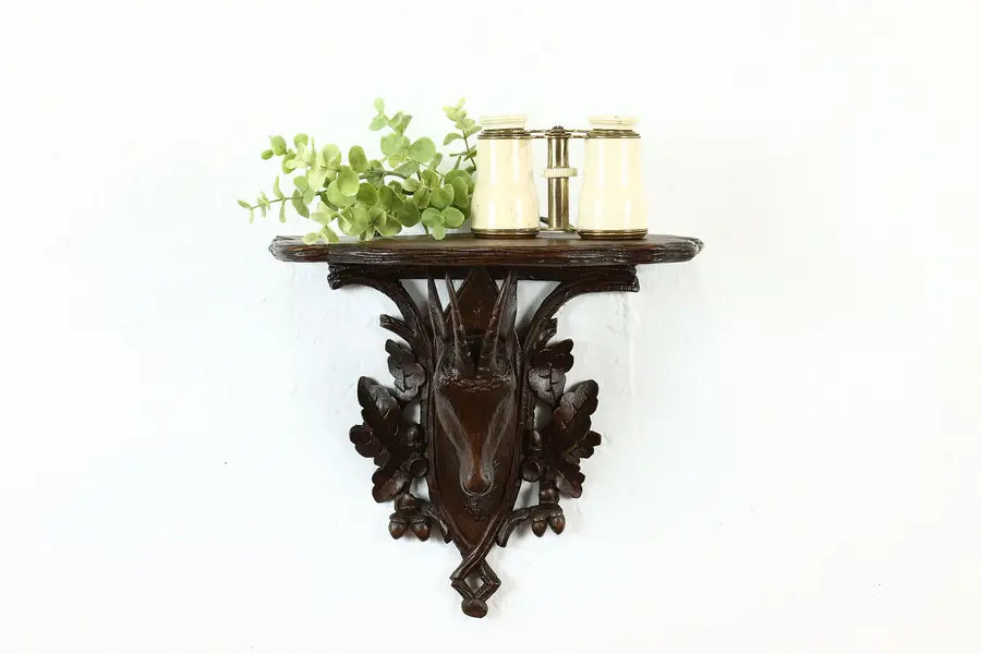 Photo of Black Forest Antique Carved Fruitwood Wall Shelf, Mountain Goat Head