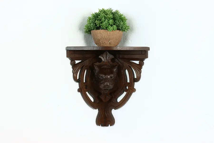 Photo of Black Forest Antique Walnut Corner Wall Shelf, Carved Wildcat Sculpture