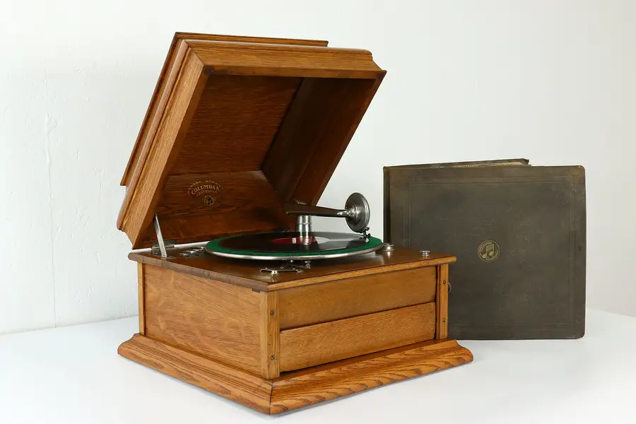 Photo of Columbia Grafonola Antique Oak Table Top Phonograph & Records