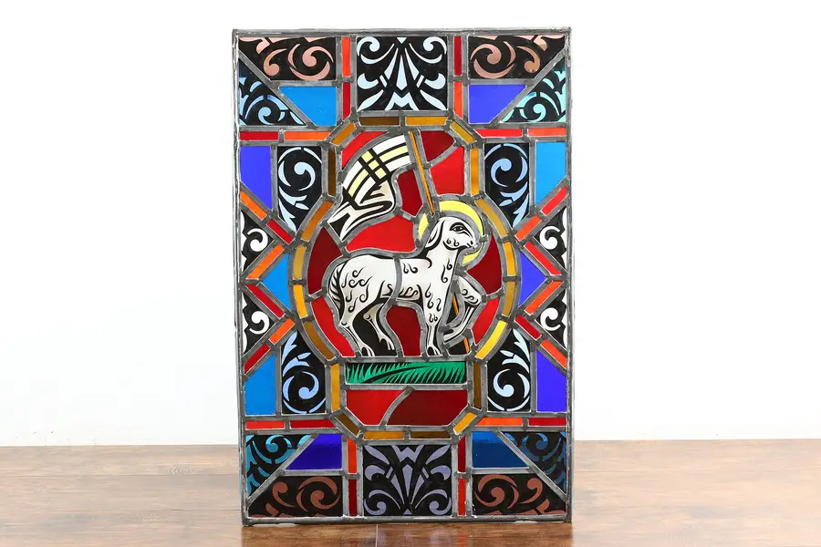 Photo of Architectural Salvage Vintage Leaded Stained Glass Window, Lamb