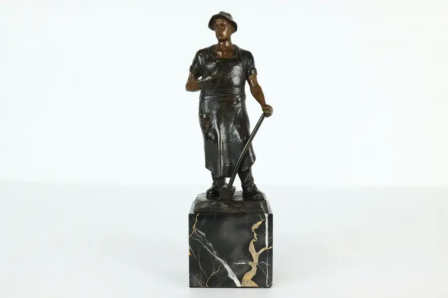 Photo of Blacksmith Antique Bronze Statue on Italian Marble Base, Signed