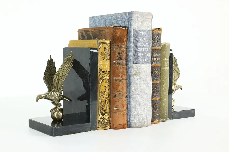 Photo of Pair of Vintage Brass Eagle & Marble Bookends, Leonard Silver