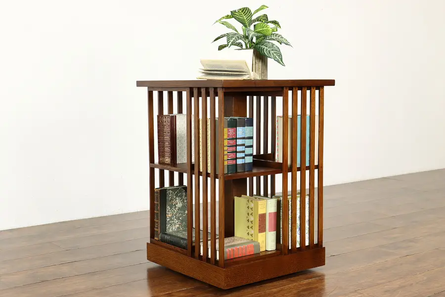 Photo of Craftsman Oak Vintage Chairside Revolving Spinning Bookcase, Stickley