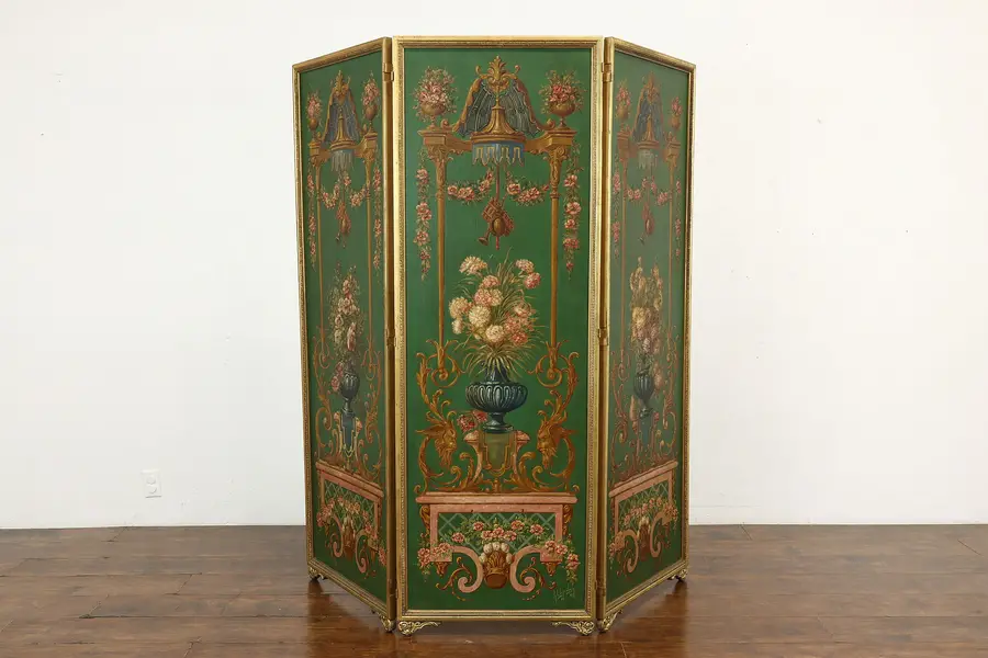 Photo of Triple Antique Dressing Screen Japanese & Classical Hand Painted Ingraham