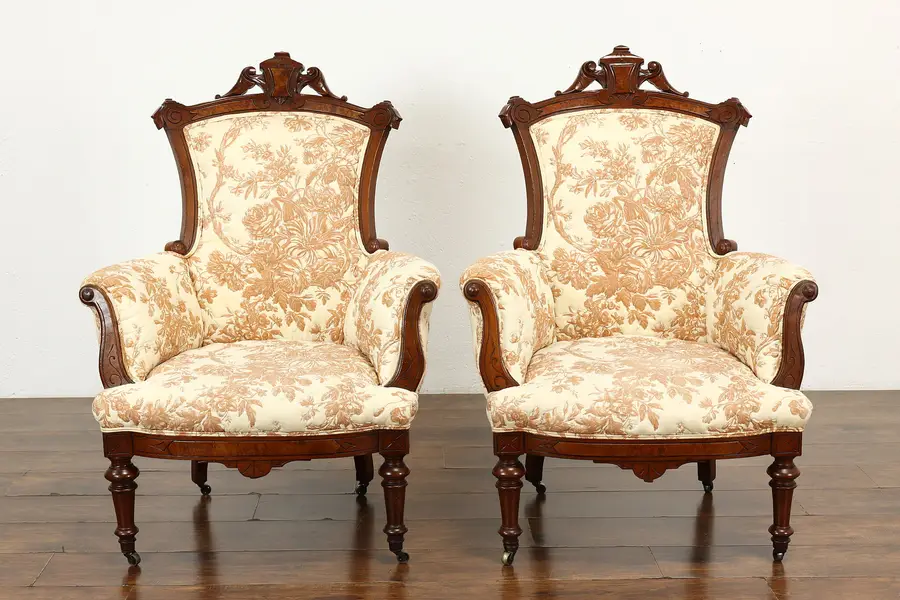 Photo of Pair of Victorian Renaissance Antique Walnut & Burl Chairs