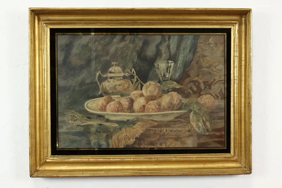 Photo of Still Life & Fruit Antique Original Needlework & Watercolor Painting 31"